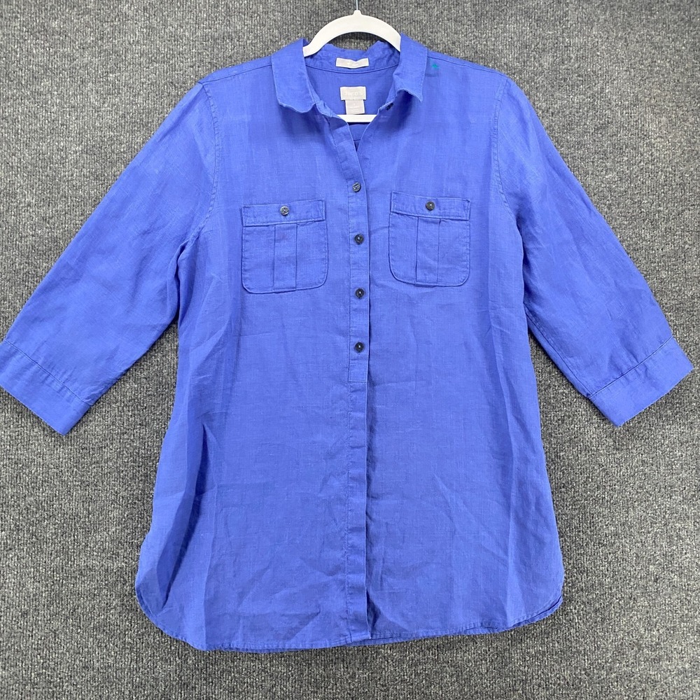 Chicos Linen Shirt 1 Womens 8 Blue Button Up Coastal Casual Resort Beachy Safari